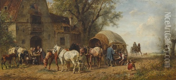 Rastendes Botenfuhrwerk Oil Painting - Ludwig Hartmann