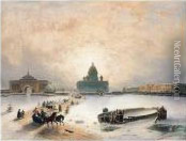 The Ice Road On The Neva Before St Isaac's Cathedral And Senate Square Oil Painting - Joseph Andreas Weiss