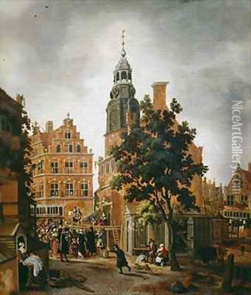 The Munt Tower with a Quack Praising his Merchandise, Amsterdam Oil Painting - Sybrand Van Beest