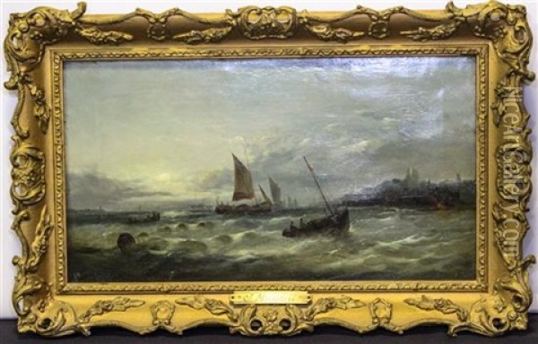 Stormy Scene With Three Boats Oil Painting - John Mundell