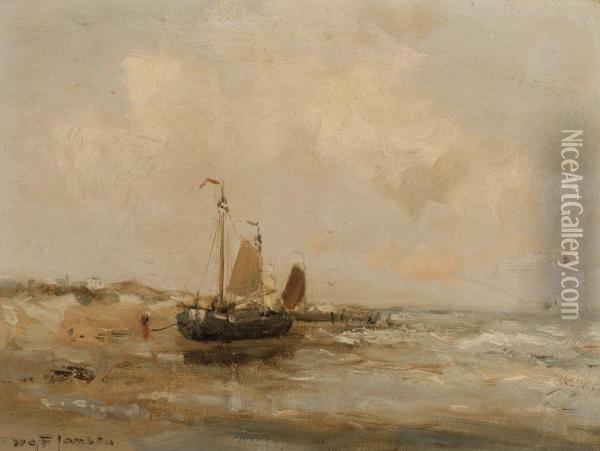 Moored Barges On The Beach Oil Painting - Willem George Fred. Jansen