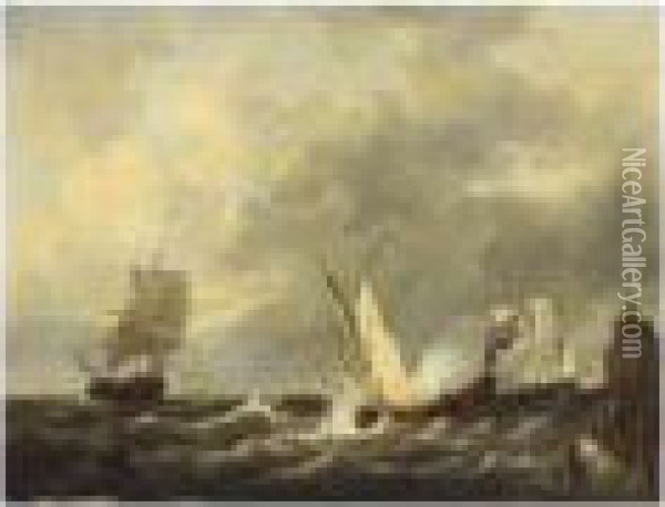 Sailing Vessels In Choppy Waters Oil Painting - George Willem Opdenhoff