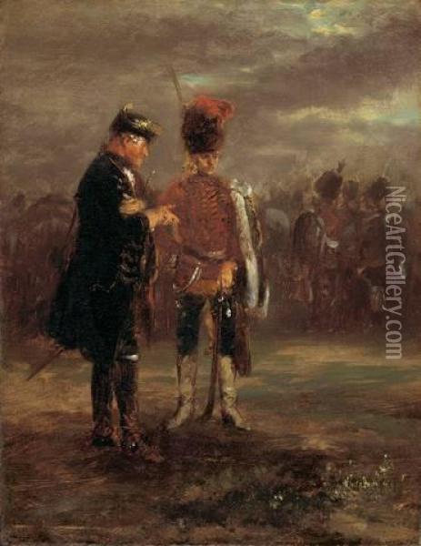 Zwei Friderizianische Offiziere Im Gesprach Oil Painting - Adolph von Menzel