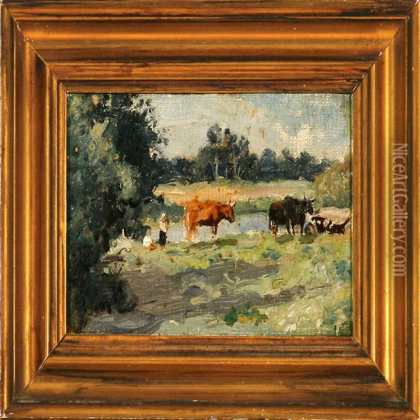 Children And Cattle At A Forest Lake Oil Painting - Alexei Nikolaevich Klementiev