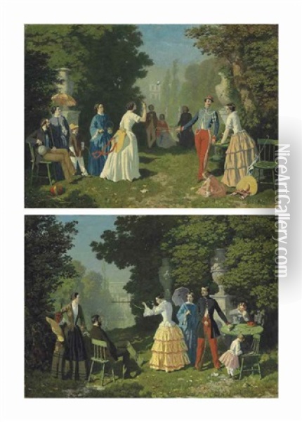 Divertissements D'ete Dans Les Jardins Des Tuileries, Paris (pair) Oil Painting - Leon Henri Antoine Loire