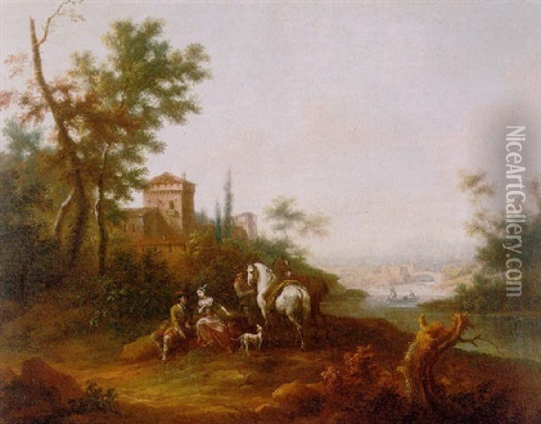 A River Landscape With An Elegant Couple Resting By Their Horses, A Villa Beyond Oil Painting - Vittorio Amadeo Cignaroli