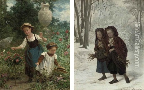 The Butterfly Collectors (+ Collecting Faggots In The Snow; Pair) Oil Painting - Andre Henri Dargelas