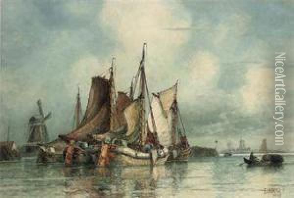Fishing Barges Drying Their Sails In The Harbour At Dordrecht Oil Painting - Frederick James Aldridge
