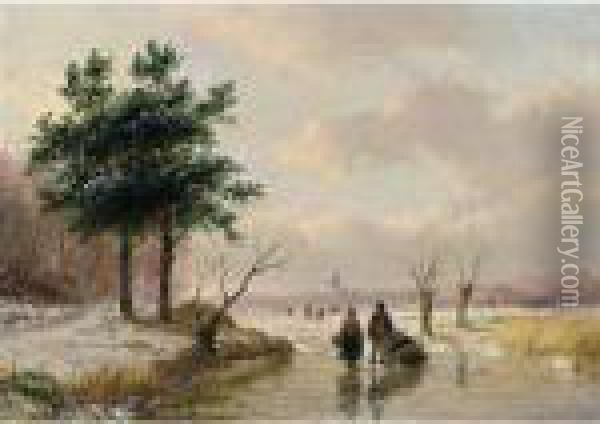 A Winter Landscape With Figures On A Frozen River Oil Painting - Andreas Schelfhout
