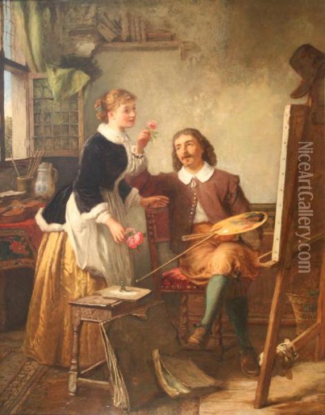 Cottage Interior Withan Artist At An Easel Offering A Young A Rose Oil Painting - James Clarke Waite