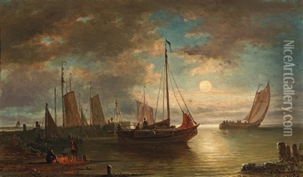 Dutch Harbour View In The Moonlight Oil Painting - Elias Pieter van Bommel