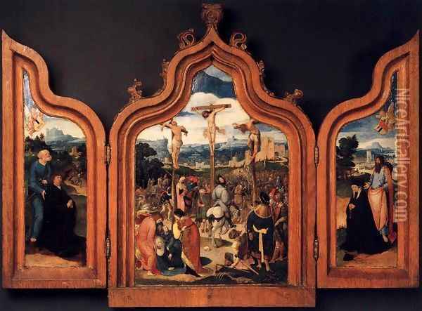 Triptych with the Crucifixion and Donors 1525 Oil Painting - Anonymous Artist