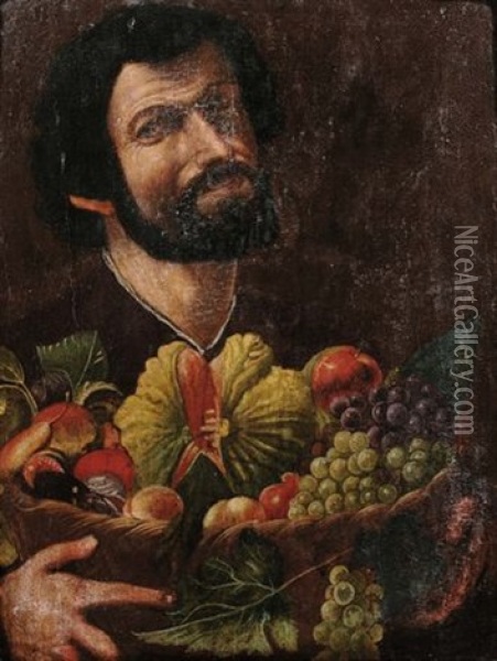 Uomo Barbuto Che Regge Cesto Di Frutta Oil Painting - Bartolomeo Cavarozzi
