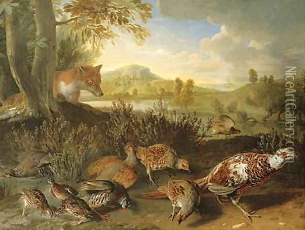 English and French partridge, a covey of quail and an ornamental pheasant disturbed by a fox, on a riverbank Oil Painting - Alexandre-Francois Desportes
