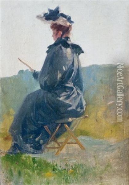 Femme Lisant Sur Un Pliant Oil Painting - Jules Cheret
