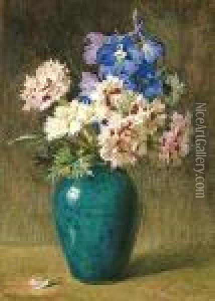 Still Life Of Pinks And Larkspur Oil Painting - Helen Cordelia Coleman Angell