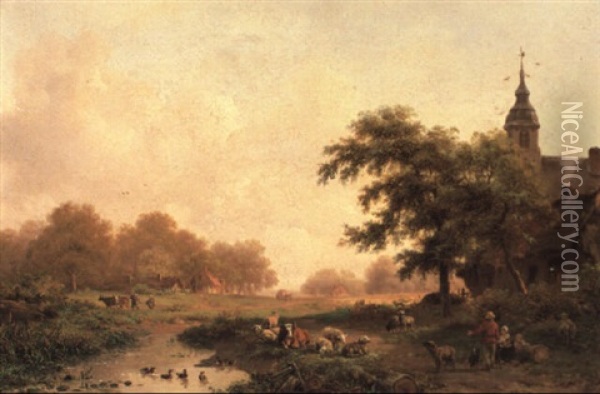 A River Landscape With Cows And Sheep Oil Painting - Frederik Marinus Kruseman