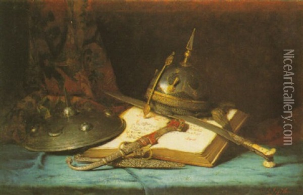 A Still Life With A Book And Helmet Oil Painting - Ernest Eugene Lefebvre