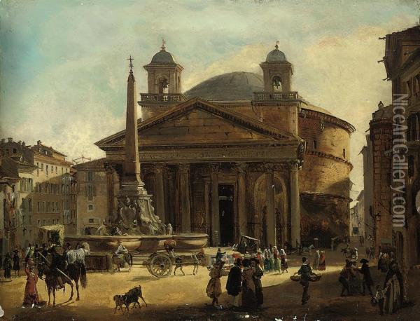 A Busy Day At The Pantheon, Rome Oil Painting - Louis Faure