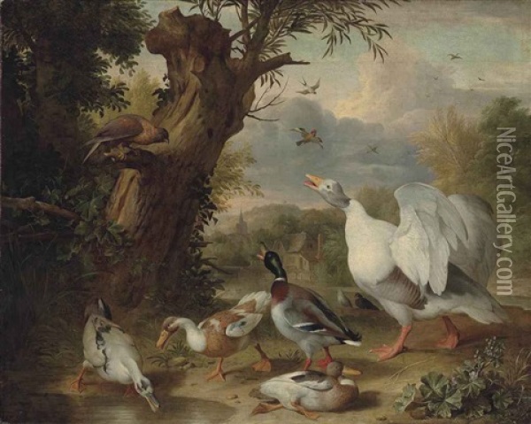 A Goose, Ducks And A Raptor By A Pond In A Wooded Landscape, A Farmyard And A Church Beyond Oil Painting - Jakob Bogdani