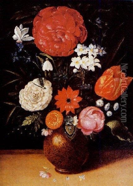 Bouquet De Fleurs Sur Un Entablement Oil Painting - Pieter Binoit