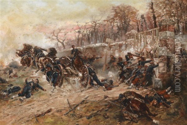 Die Verteidigung Des Longboyau Tores (schloss Buzenval Bei Paris) Am 21. Oktober 1870 Oil Painting - Alphonse Marie de Neuville