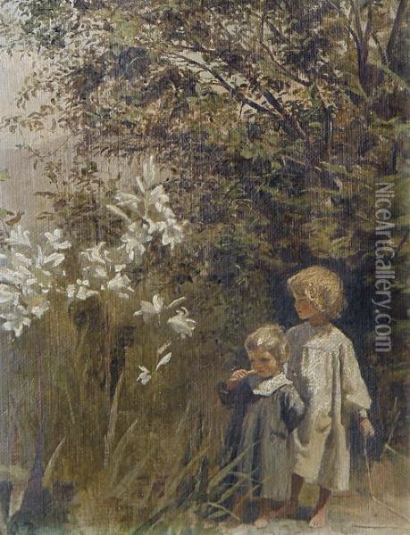 Children In A Garden, Thought To Be The Artist's Children Oil Painting - Olga Bariatinsky