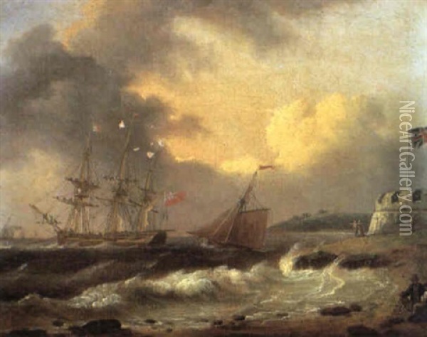 A Navy Cutter Making For A Frigate Lying Off Cowes Castle,  Isle Of Wight Oil Painting - Thomas Luny