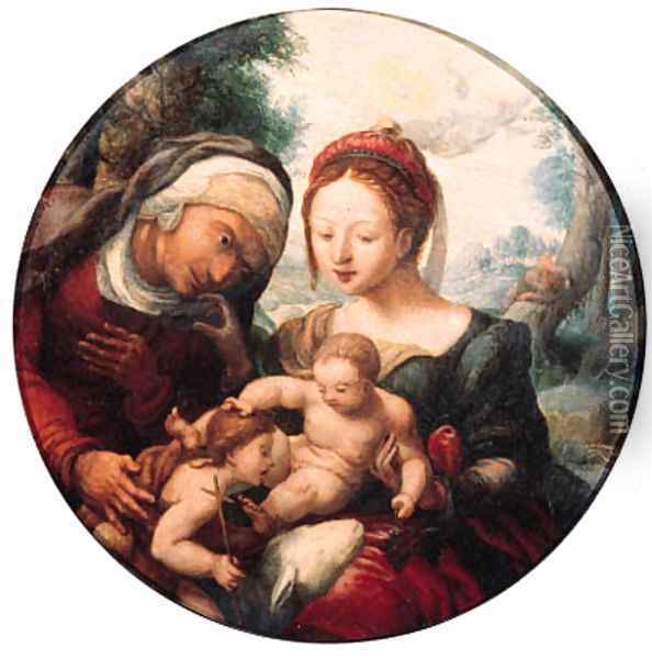 The Madonna and Child adored by Saint Elisabeth and the Infant Saint John the Baptist in a landscape Oil Painting - Jan Sanders Van Hemessen