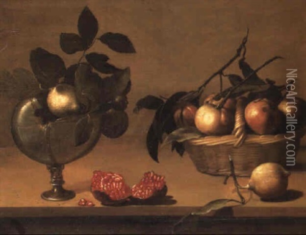 Apples In A Basket, An Open Pomegranate And Lemons In A Nautilus Shell Oil Painting - Louise Moillon