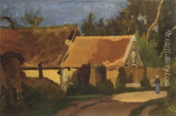 A Lady Strolling By A Farmhouse Oil Painting - Leo Gausson