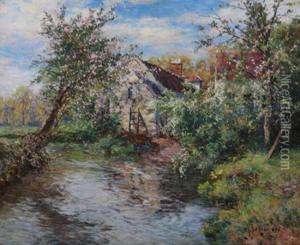 Spring Apple Blossoms Along Stream With House Oil Painting - Frederick Charles Vipont Ede