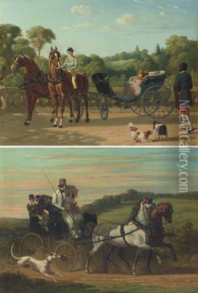 Preparing The Carriage (+ A Ride In The Country; Pair) Oil Painting - Henri d'Ainecy Montpezat