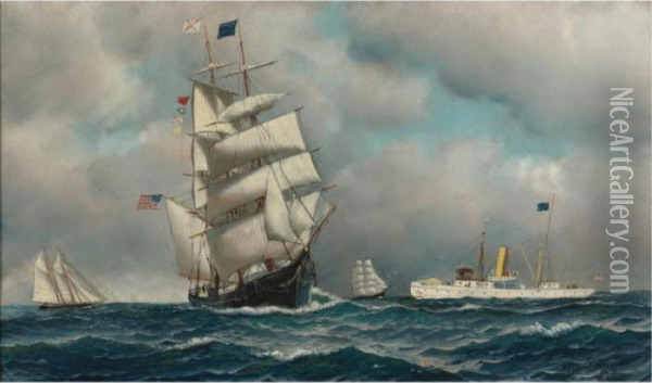 Full Rigged Clipper And Steam Yacht Oil Painting - Antonio Nicolo Gasparo Jacobsen