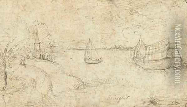 Two ships on a broad estuary, figures on a path in the left foreground Oil Painting - Pieter the Elder Bruegel