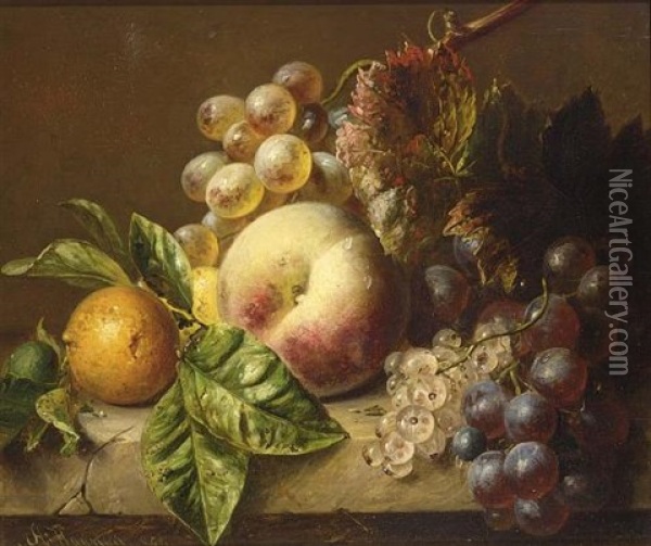 A Still Life With Grapes, A Peach, Gooseberries And An Orange Oil Painting - Adriana Johanna Haanen