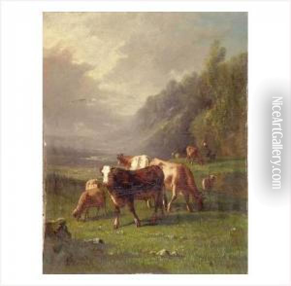Vaches Et Moutons Au Paturage Oil Painting - Antonio Cordero Cortes