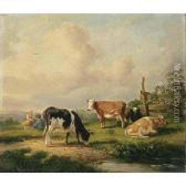 Cows In A Landscape Oil Painting - Hendrikus van den Sande Bakhuyzen