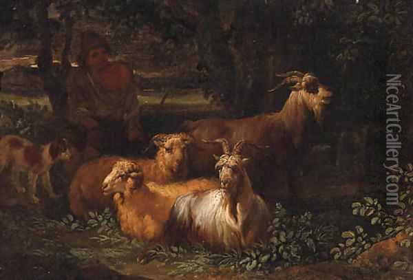 A Shepherd with Livestock in a wooded Landscape Oil Painting - Nicolaes Berchem