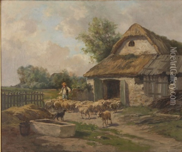 Herding Sheep Out Of A Barn Oil Painting - Clement (Charles-Henri) Quinton
