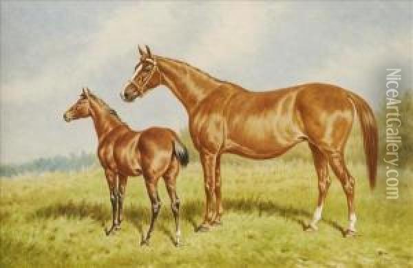 'mrs. Fenley' With Her Foal By 'tiber' Oil Painting - William Eddowes Turner