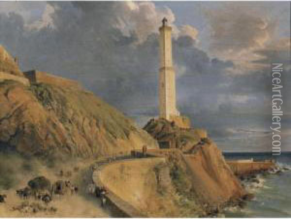 View Of A Lighthouse Near Naples Oil Painting - Lancelot Theodore Turpin De Crisse