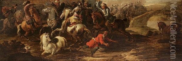 A Cavalry Skirmish Between Turks And Christians, A Bridge Over A River Beyond Oil Painting - Simon Johannes van Douw