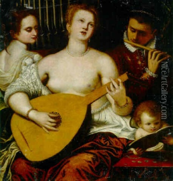 Two Girls And A Youth Making Music Oil Painting - Micheli Parrasio