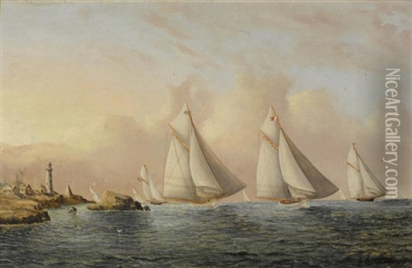 A Race Between The Mayflower, Volunteer And Thistle Oil Painting - James Edward Buttersworth