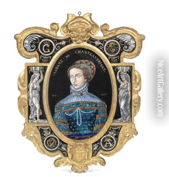 A 19th Century French Giltwood Framed Limoges Enamel Portrait Plaque Depicting Madame De Chateaubriant Oil Painting - Leonard Limosin
