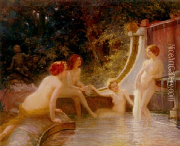 Young Bathers In A Fountain Oil Painting - Albert Auguste Fourie