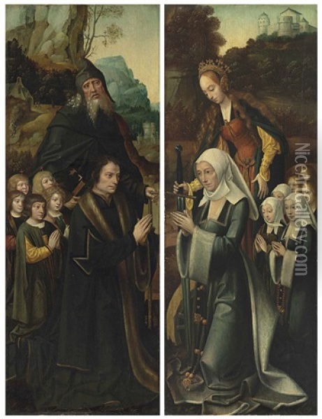 Two Wings Of An Altarpiece: Saint Anthony Abbot With A Kneeling Donor And His Five Sons; And Saint Catherine With A Kneeling Female Donor And Her Six Daughters Oil Painting -  The Master of the van Groote Adoration