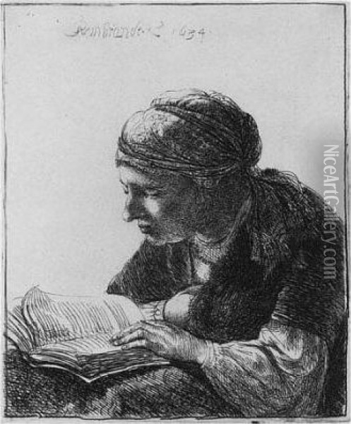 A Woman Reading (b., Holl. 345; H. 113; Bb. 34-d) Oil Painting - Rembrandt Van Rijn