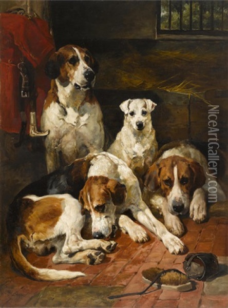 Hounds And A Terrier In A Kennel Oil Painting - John Emms